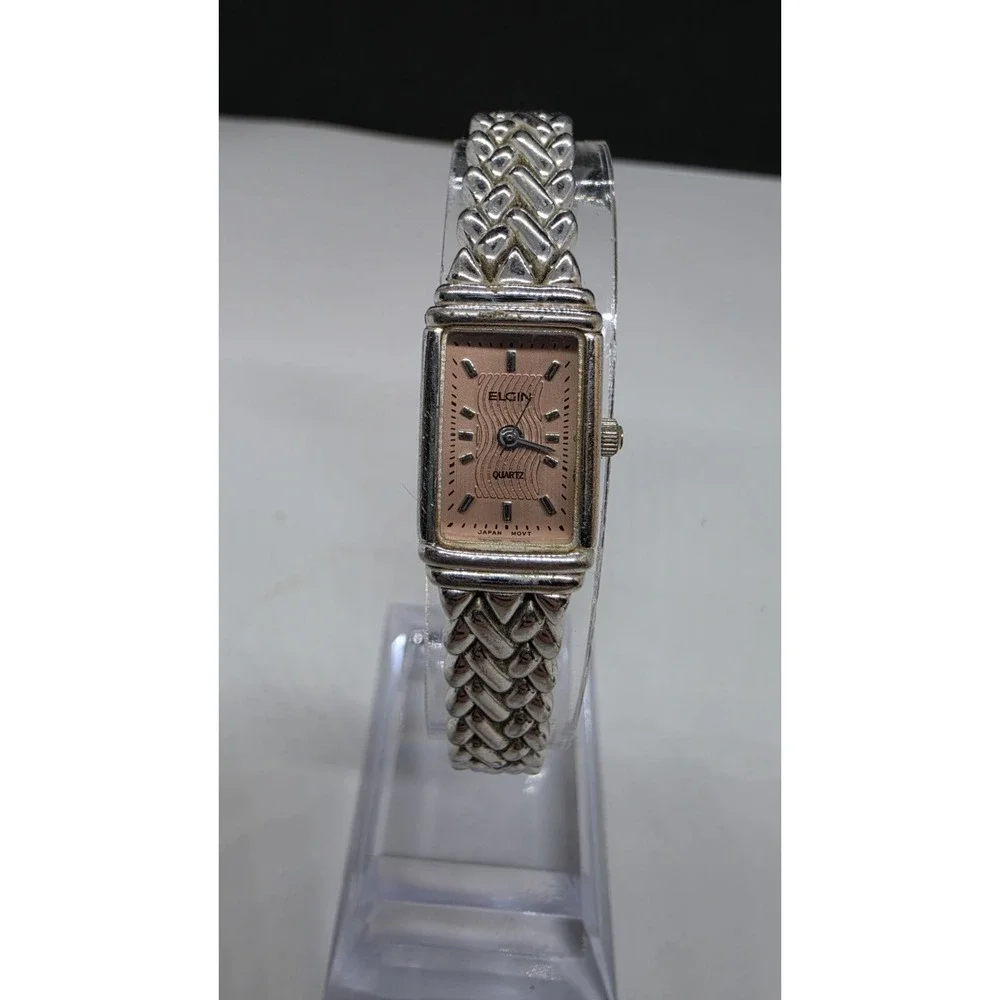 Vintage Elgin Quartz Ladies Watch Pink Dial Silvertone Bracelet Band EL 987